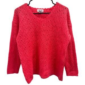 VTG Sostanza Hot Pink Mohair Blend Open Knit Crochet Sweater Small Cozycore Boho